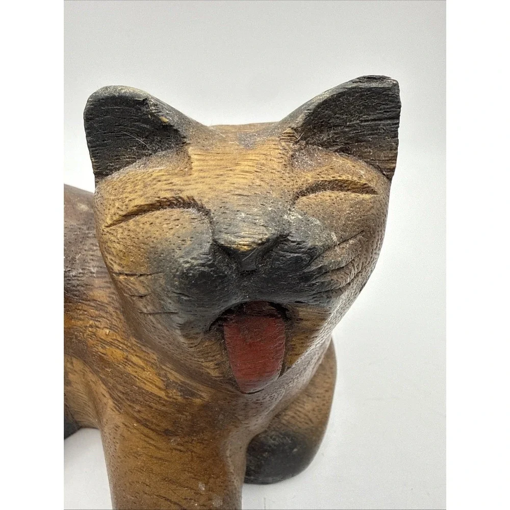 Black Brown Hand Carved Wood Yawning Cat Figurine Sculpture Thailand Kitty 6x4